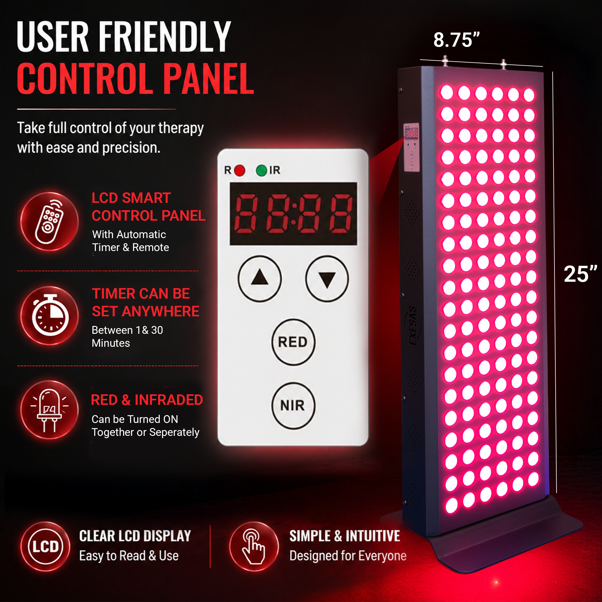 EXESAS 120 LED, 600W Dual-Chip, Red Light Therapy Device for Full Body, 4-Wavelengths Infrared LED Panel for Skin, Weight, Pain, Wellness EXESAS