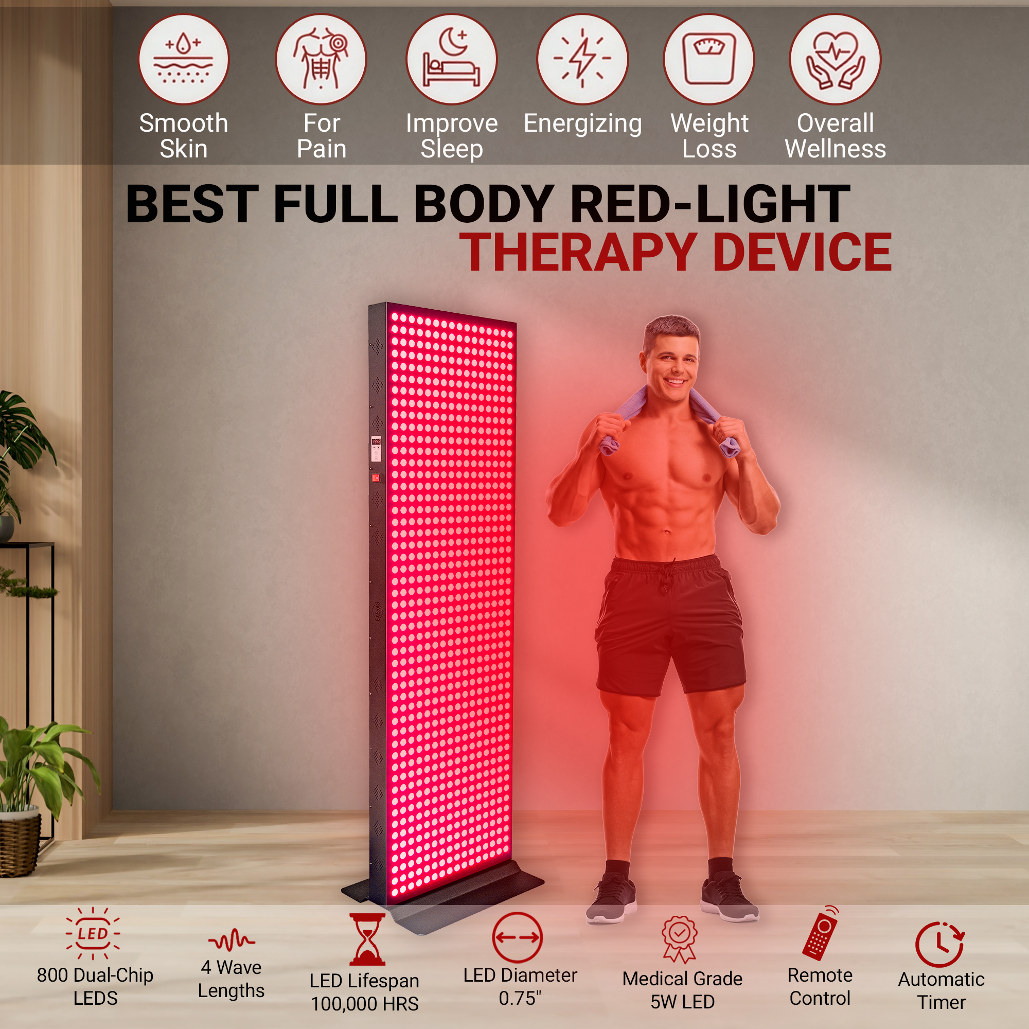 EXESAS   800 LED, 4000W Dual-Chip, Red Light Therapy Device for Full Body, 4-Wavelengths Infrared LED Panel for Skin, Weight, Pain, Wellness EXESAS