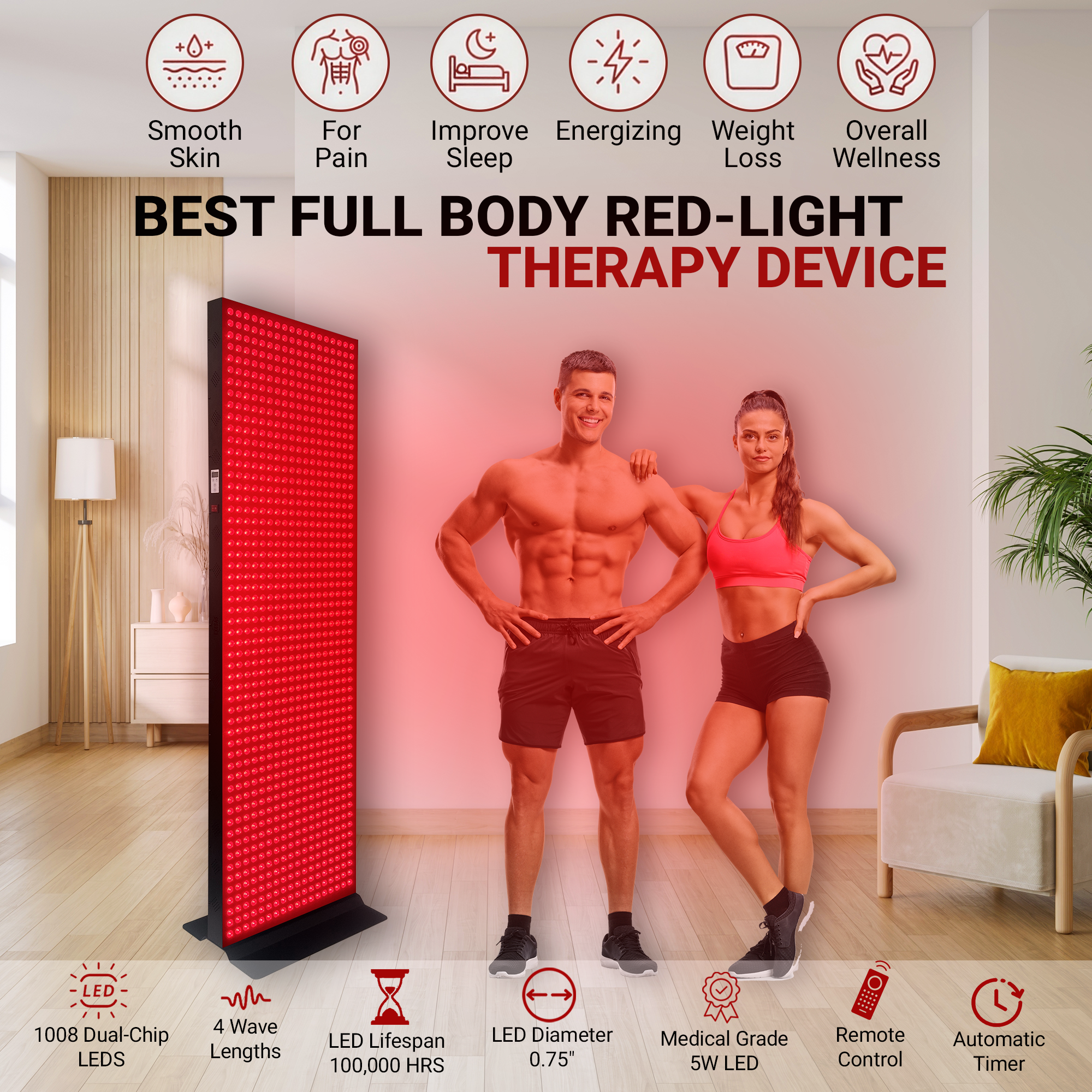 EXESAS    1008 LED, 5040W Dual-Chip, Red Light Therapy Device for Full Body, 4-Wavelengths Infrared LED Panel for Skin, Weight, Pain, Wellness EXESAS