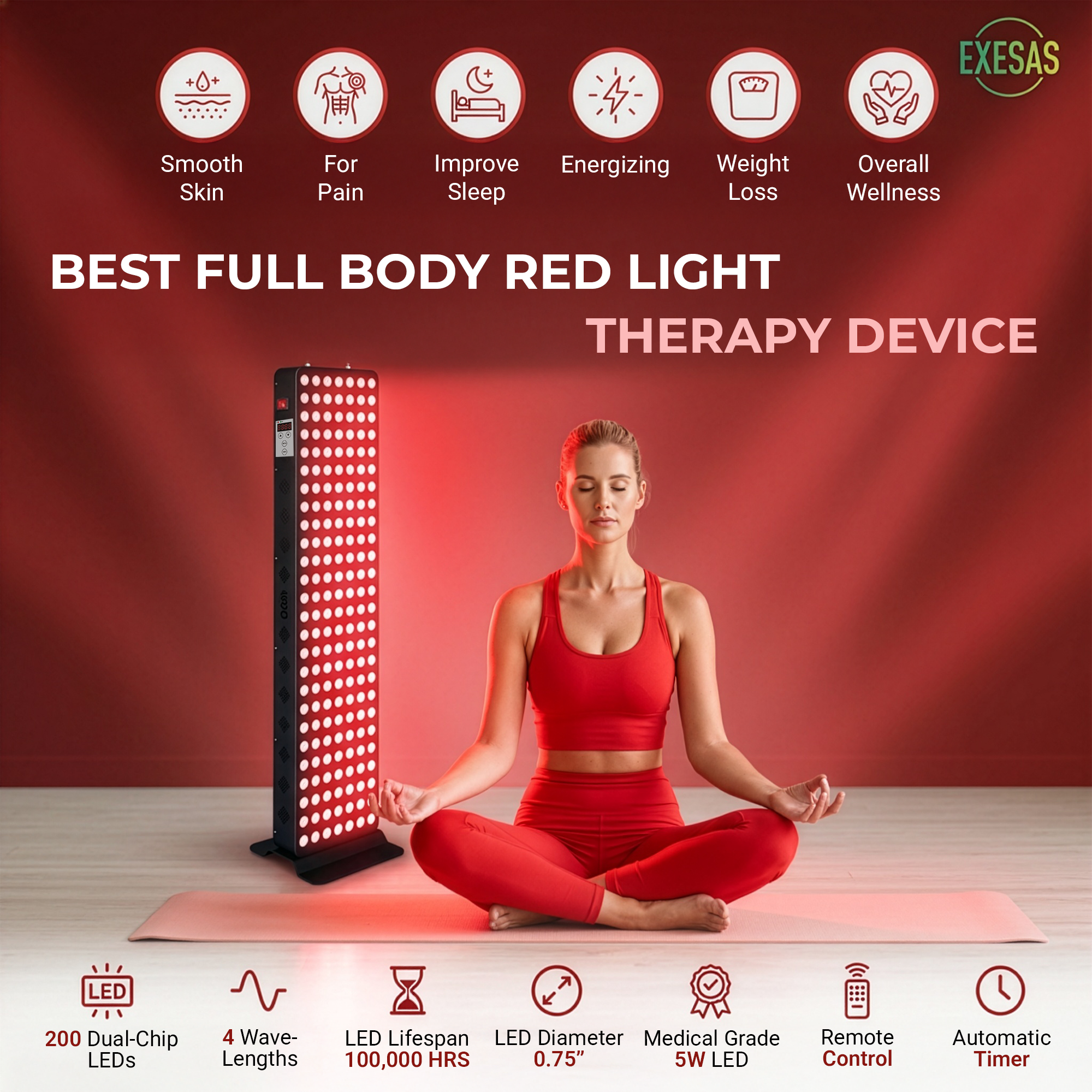 EXESAS 200 LED, 1000W Dual-Chip, Red Light Therapy Device for Full Body, 4-Wavelengths Infrared LED Panel for Skin, Weight, Pain, Wellness EXESAS